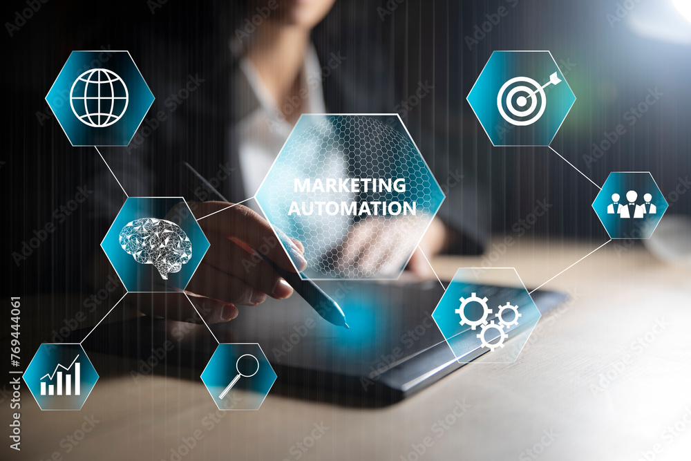 Poster marketing automation and icons on virtual screen.