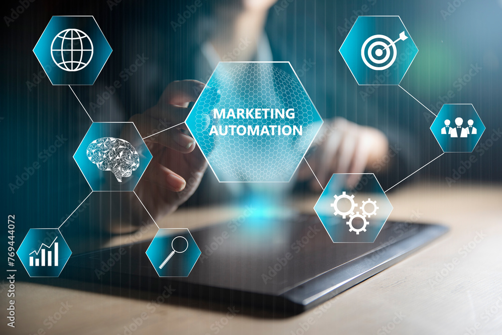 Poster marketing automation and icons on virtual screen.