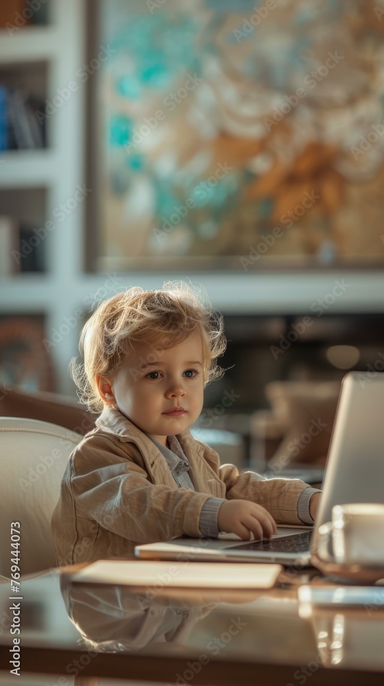 Sticker A young child sitting at a desk with a laptop computer. Generative AI.