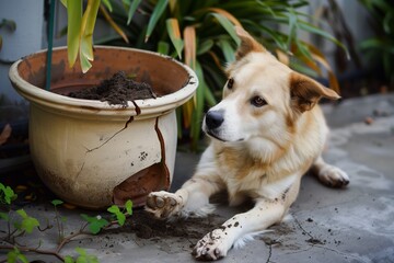 dog beside a cracked flowerpot, soil on paws