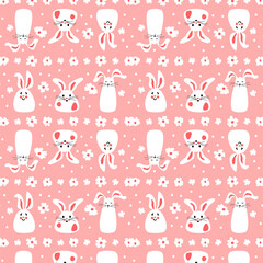 Seamless pattern with cute white rabbits with flowers. Easter bunnies for printing on childrens products, fabric and wallpaper on a pink background. Cartoon flat vector illustration.