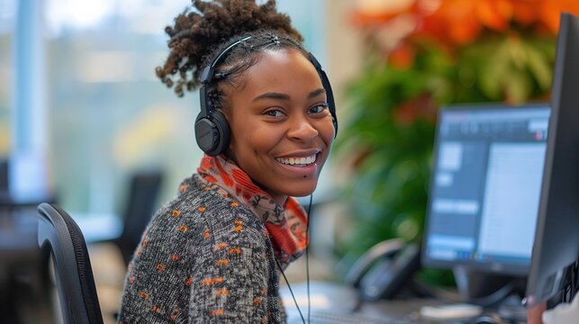 In a bustling call center, a young woman wearing a headset and microphone leans in with a warm smile while working on a CRM platform, real photo