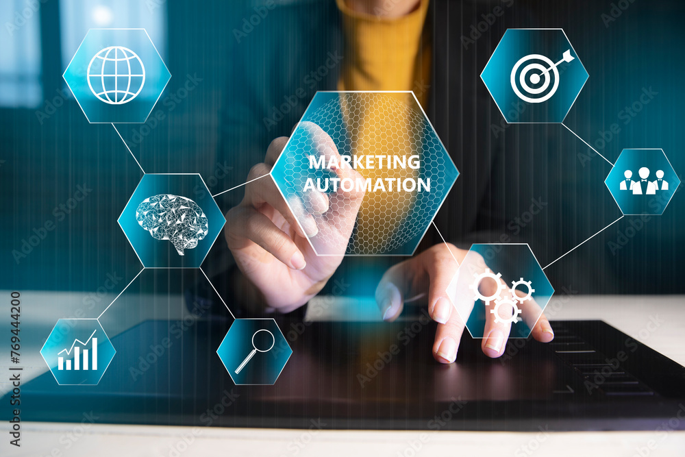 Poster marketing automation and icons on virtual screen.