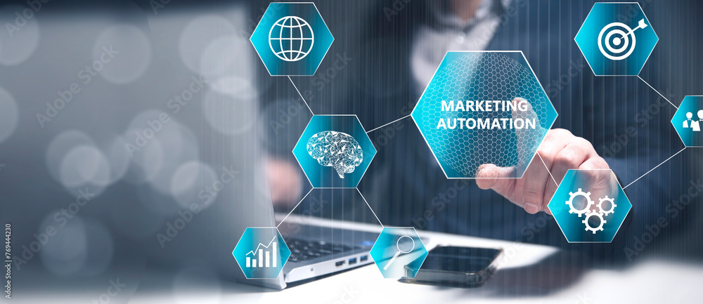 Poster marketing automation and icons on virtual screen.
