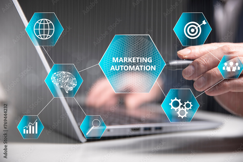 Poster marketing automation and icons on virtual screen.