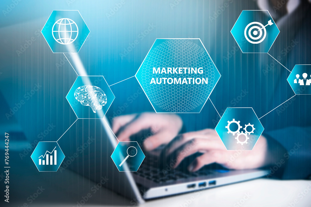 Poster marketing automation and icons on virtual screen.