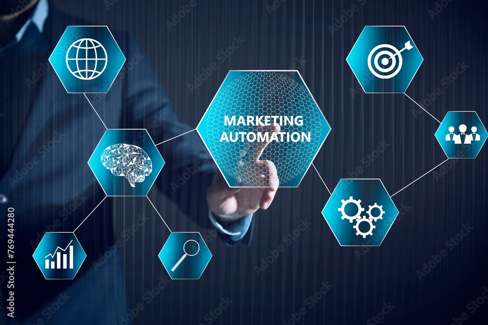 Poster marketing automation and icons on virtual screen.