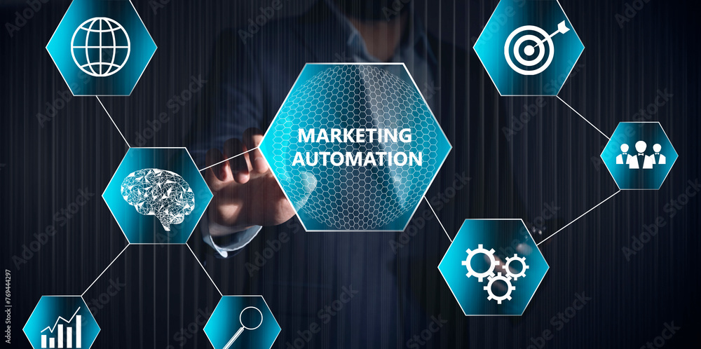 Poster marketing automation and icons on virtual screen.