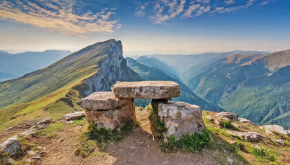 Stone table with seat on high cliff in light, AI generated