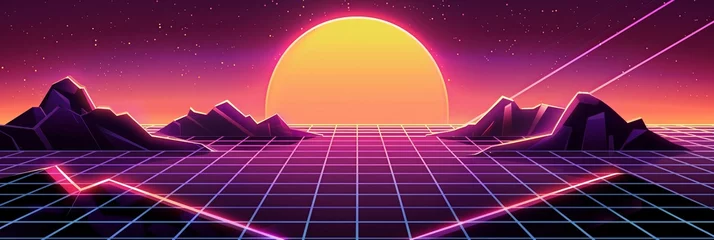Fotobehang 1980s Retro-Futuristic Synthwave Landscape: Cyber Terrain with Neon Sun, Mountains & Laser Grid © W&S Stock