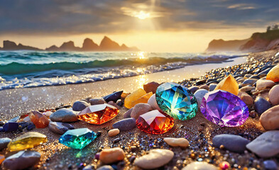 Sunlight drop on bright gems lying on beach, AI generated