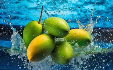 Yellow and green mangoes falling into deep water, AI generated