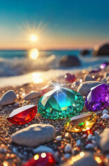 Sunlight drop on bright gems lying on beach, AI generated