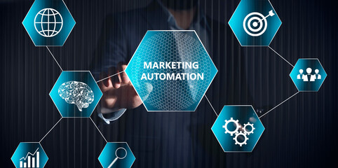 Marketing automation and icons on virtual screen.