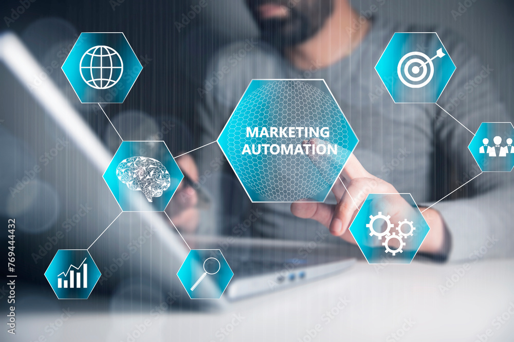 Poster marketing automation and icons on virtual screen.