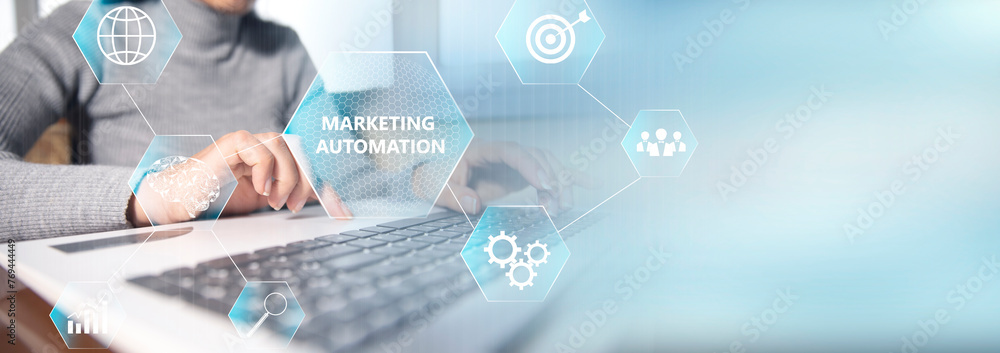 Poster marketing automation and icons on virtual screen.
