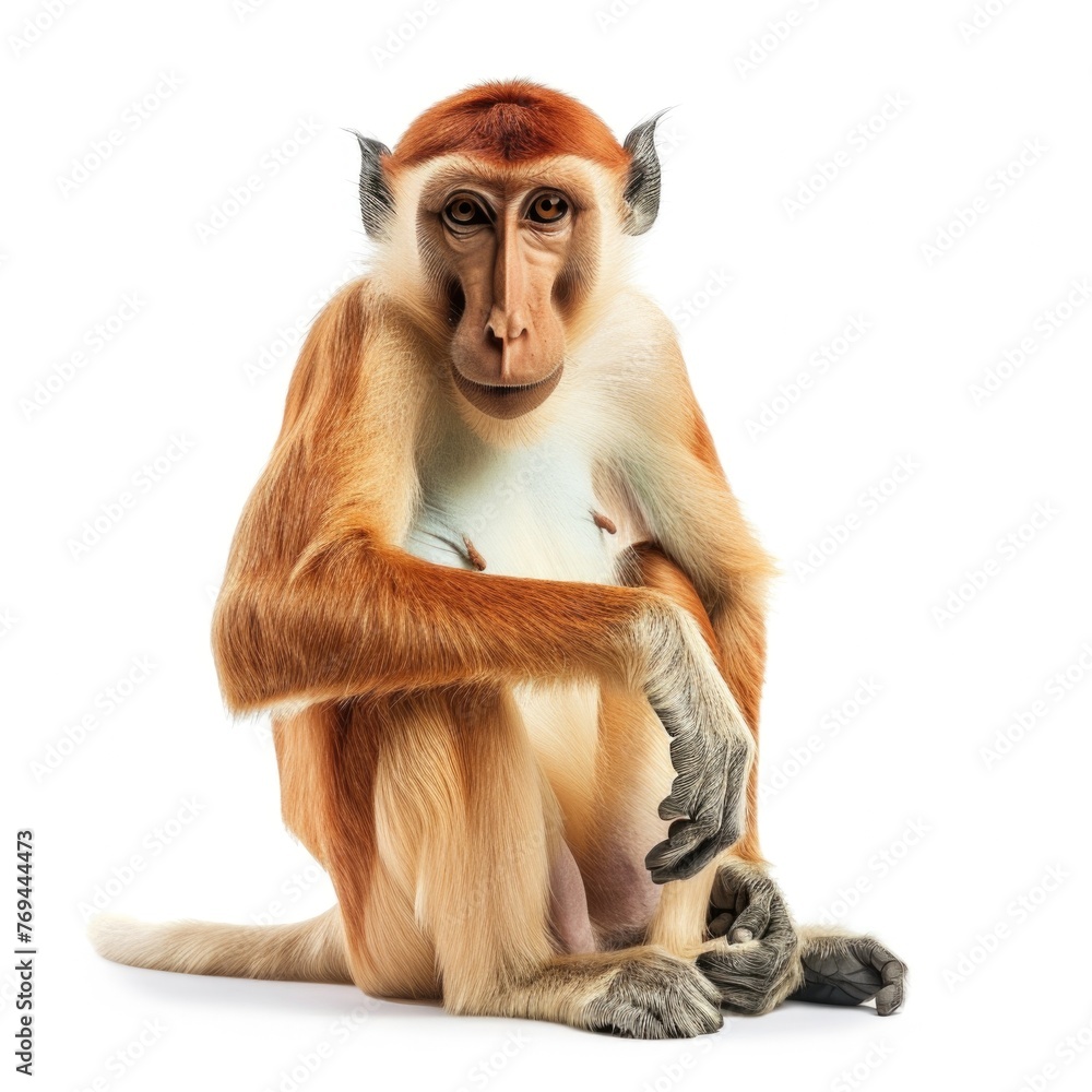 Wall mural Proboscis Monkey in natural pose isolated on white background, photo realistic - Wall murals