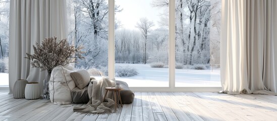 Scandinavian interior design with white room and winter landscape through window