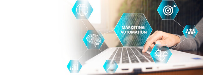 Marketing automation and icons on virtual screen.