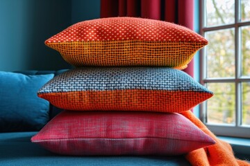 Three decorative pillows stacked vertically on top of one another by a window. - obrazy, fototapety, plakaty