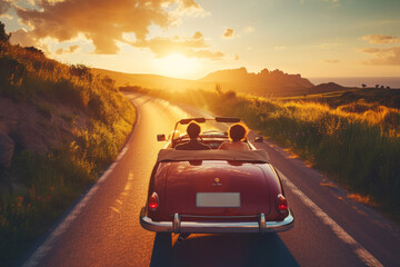 A young couple drives along a country road in an open-top car at