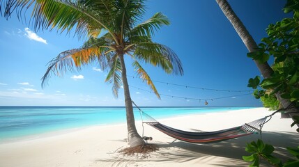 hammock strung between two palm trees on the beach