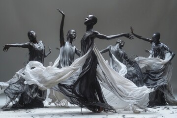 Black and white dancers group performance with draped fabric and spotlight on matching background