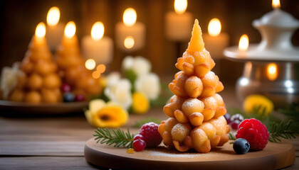 Arabian dessert, with caramelized sugar and flower decorations displayed on a rustic wooden table.