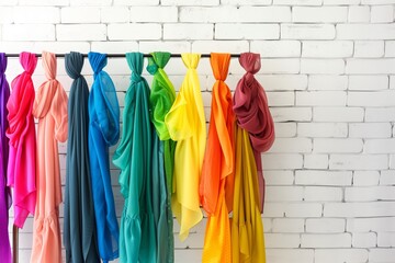 rainbow assortment of hijabs on a metal rack with a white brick wall - obrazy, fototapety, plakaty