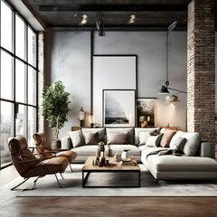 livingroom interior in loft, industrial style, frame mockup, 3d render, generative ai