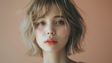 Naklejka premium A woman with short blonde hair and a pink lip color