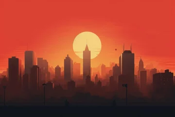 Zelfklevend Fotobehang A minimalist illustration features a silhouette of a city skyline against a setting sun. The allure of metropolitan destinations. © DK_2020