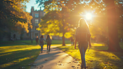 Golden Hour at the Campus: Student Walking in the Autumn Light