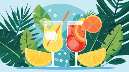 Summer drinks on leaves cartoons isolated vector il