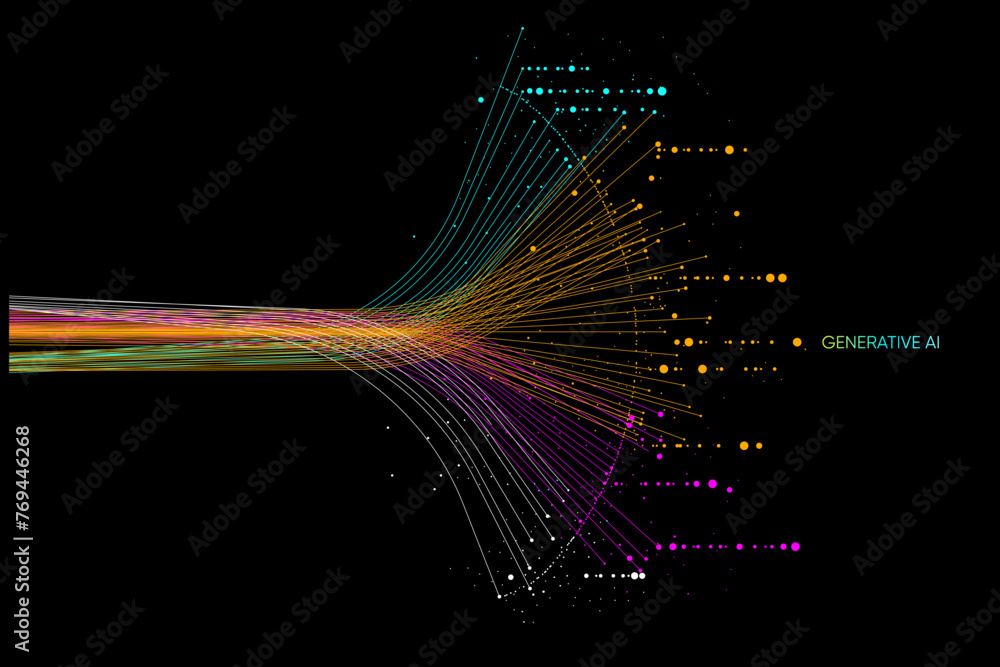 Poster illustration of abstract stream. artificial intelligence. big data, technology, ai, data transfer, d