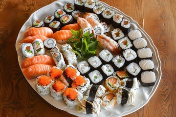 arranging various sushi types on a serving platter