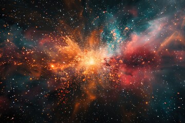 An explosion of cosmic particles, representing the birth of stars and the creative spark within - obrazy, fototapety, plakaty