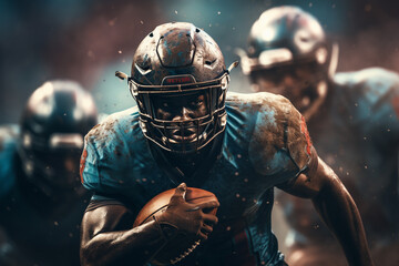 American football player in helmet with ball on blurred background. Sport concept