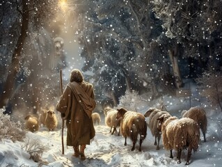 A depiction of Jesus as a shepherd during Christmas, surrounded by sheep in a snowy landscape, emphasizing care and guidance - obrazy, fototapety, plakaty