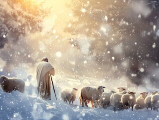 A depiction of Jesus as a shepherd during Christmas, surrounded by sheep in a snowy landscape, emphasizing care and guidance - obrazy, fototapety, plakaty