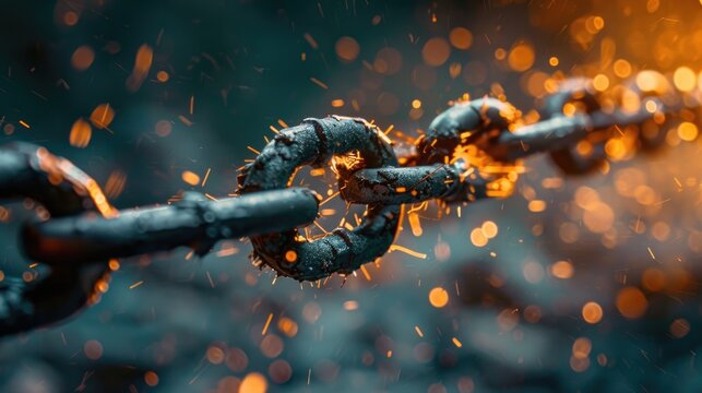A chain breaking apart, embodying liberation, breaking free from limitations, and the strength to overcome