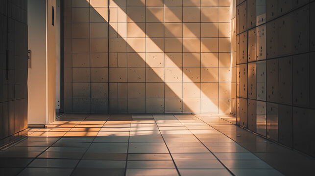 A tile floor with a door and a wall with many small doors. Sunlight streams through the door and hits the floor. Minimalist photography