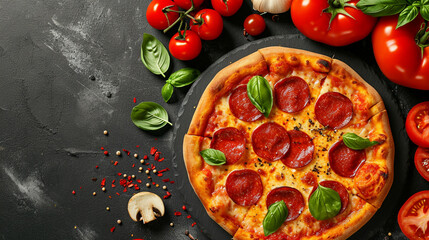 tomatoes basil on black concrete background. Top view of hot pepperoni pizza. Generative Ai