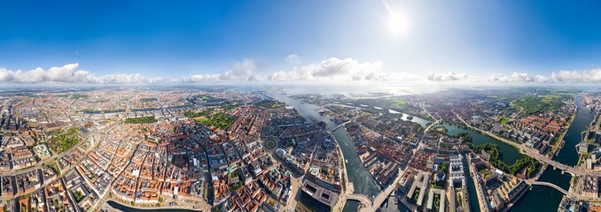 Copenhagen, Denmark. Panorama of the city in summer. Sunny weather with clouds. Panorama 360. Aerial view