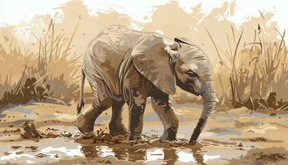 Fototapeta premium An elephant is wading through muddy water in a sepia-toned illustration of a savannah scene
