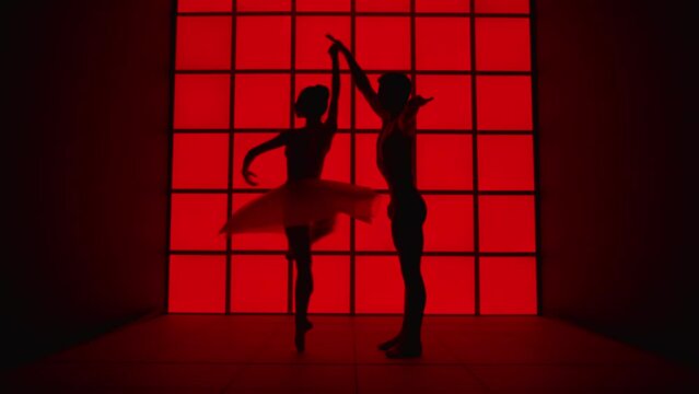 Silhouette of a beautiful couple of classical music dancers. They dance in front of a modern and futuristic red background with elegance
Concept of freedom, passion, love