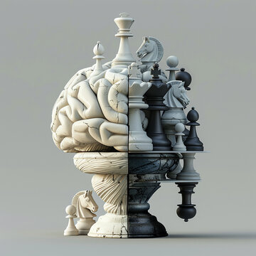 Chess pieces on a brain surface, strategic thoughts, 3D vector,