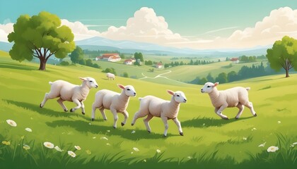 Obraz na płótnie Canvas Amidst fields of swaying grass and wildflowers, a flock of sheep wanders contentedly, their gentle bleating echoing across the peaceful countryside, a reminder of the simple joys found in nature's emb