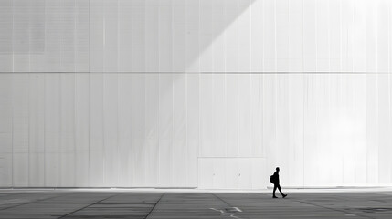 A person wearing a backpack walks alone down a street. Monochrome photography. Minimalist photography