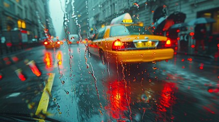A taxi cab navigates through a rain-soaked street, its headlights cutting through the darkness as...
